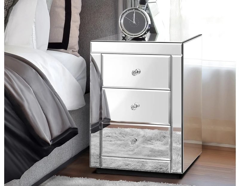 Bedside Table Mirrored Cabinet Nightstand Side End Table 3 Drawers - Silver