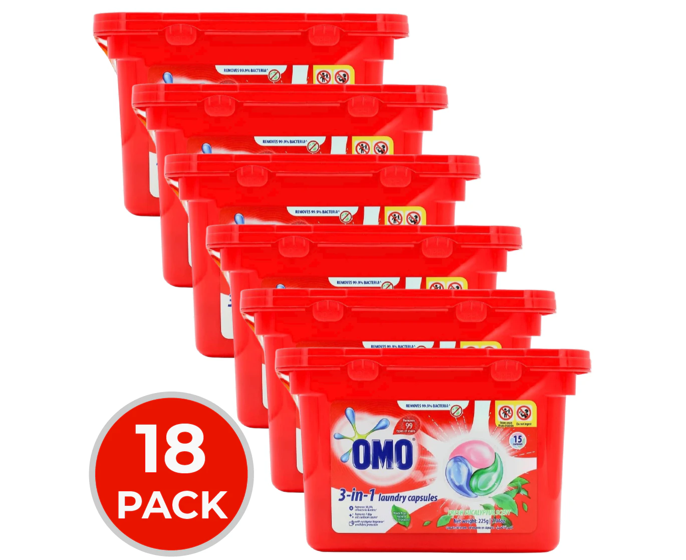 18 x OMO 3-In-1 Fresh Eucalyptus Laundry Capsules Pk15 (270 Capsules)