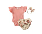 3Pcs Newborn Infant Baby Girl Clothes Ruffle Romper Bodysuit Floral Shorts - Pink
