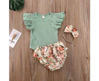 3Pcs Newborn Infant Baby Girl Clothes Ruffle Romper Bodysuit Floral Shorts Summer Outfit - Purple