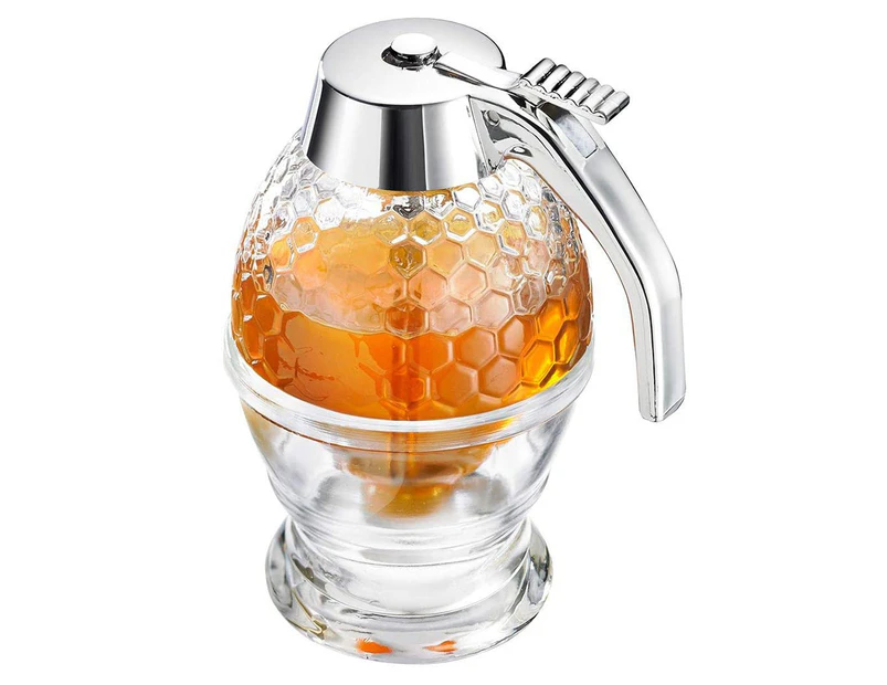Honey Dispenser No Drip Glass - Maple Syrup Dispenser - Beautiful Honeycomb Shaped Honey Pot