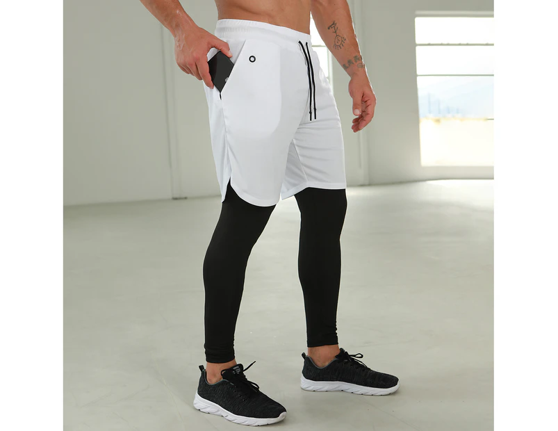 Bonivenshion Men's 2 in 1 Running Pants Gym Workout Compression Pants for Men Training Athletic Pants-White