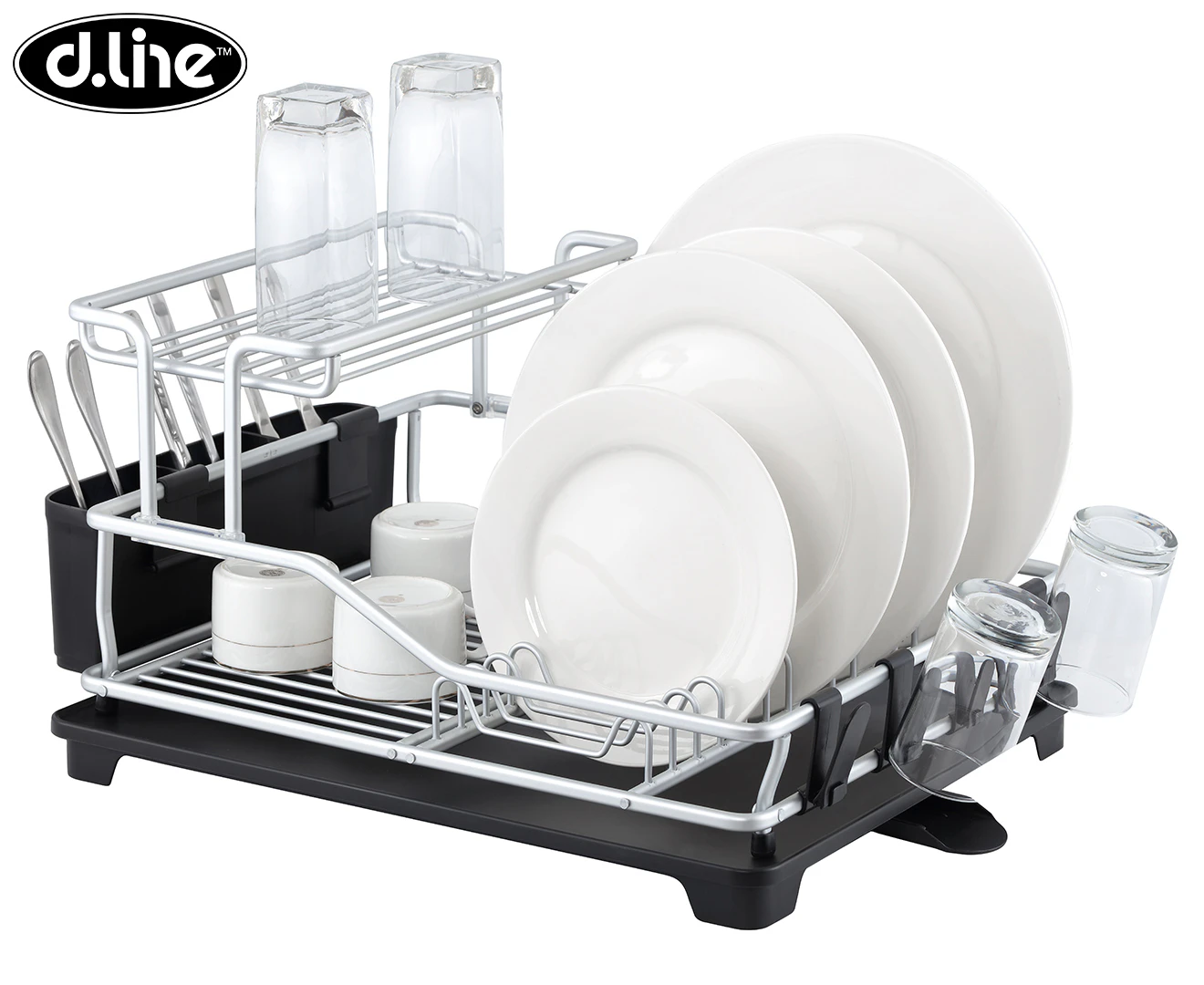 D.Line Pinnacle 52cm Aluminium 2-Tier Dish Rack Storage Organiser w/ Drain Black