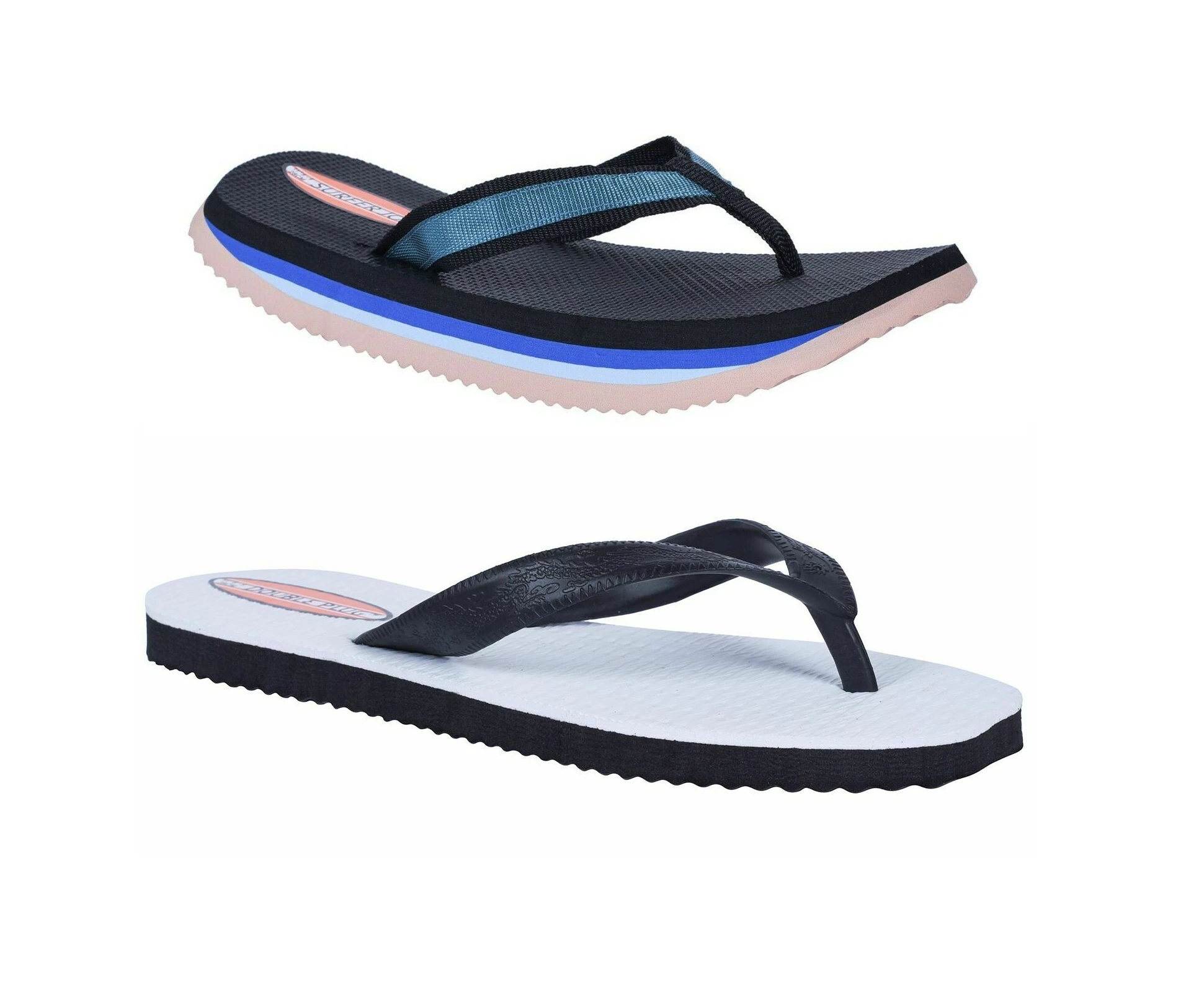 2 x Mens Original Surfer Joe & Double Plug Thongs Sandals Slippers Flip Flops Synthetic - Blue/Black