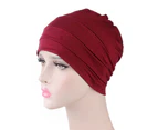 Nirvana Solid Color Men Women Pleated Cotton Beanie Cap Hair Loss Sleeping Chemo Hat-Wine Red