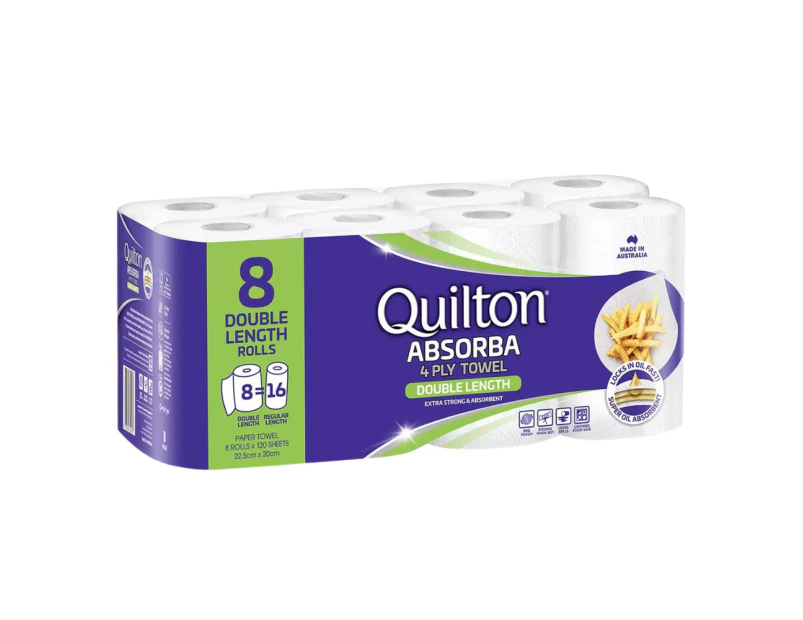 Quilton Absorba 4 Ply Paper Towel Roll Absorbent Double Length Kitchen 8 Pack