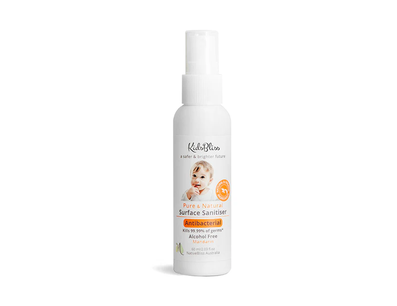 KidsBliss Surface Sanitiser Mandarin 60ml Alcohol Free Non-toxic non-flammable chemical free kill 100% of germs Portable Safe to carry on plane