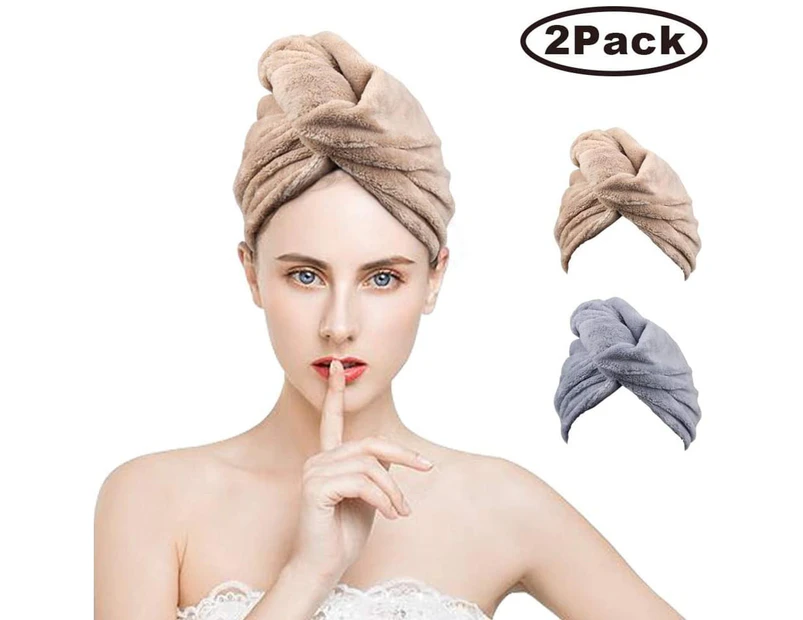 Turban Towel, Hair Drying Towel with Button, Microfiber Hair Turban, Quick Dry Thickened Wrap Turban for All Hair Types (2PCS)