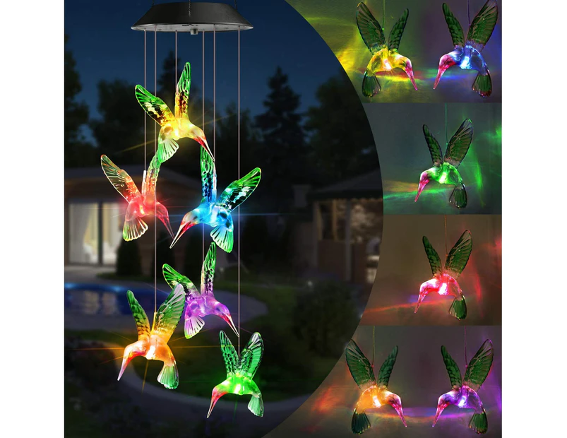 Solar String Lights, Color Changing Solar Hummingbird Wind Chimes, LED Decorative Mobile, Waterproof Outdoor String Lights for Patio, Balcony, Bedroom, Par
