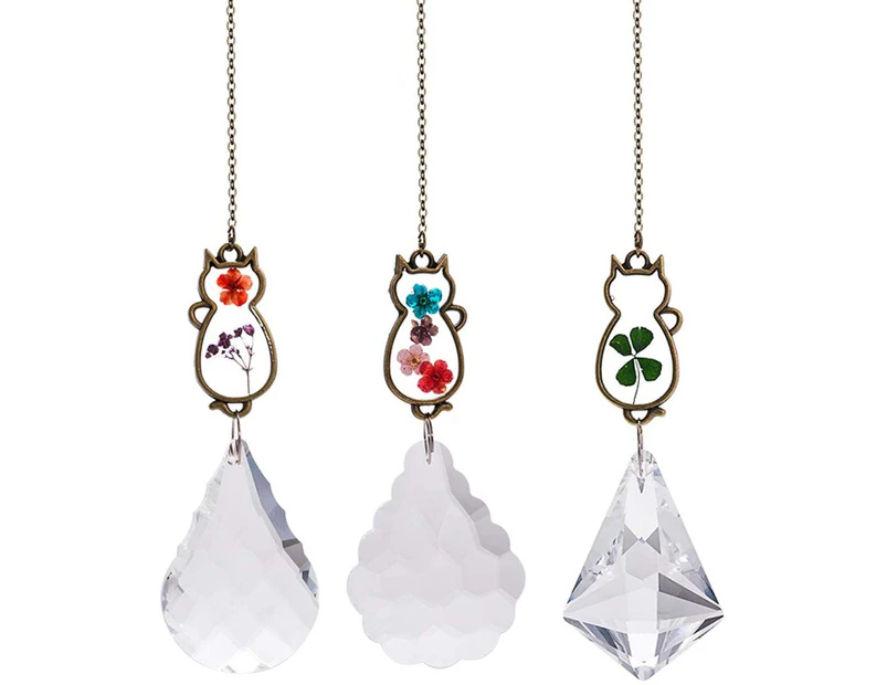 Crystal Suncatcher with Real Embedded Pressed Flower Cats Hanging Pendant Prism Window Ornament Decoration Pack of 3