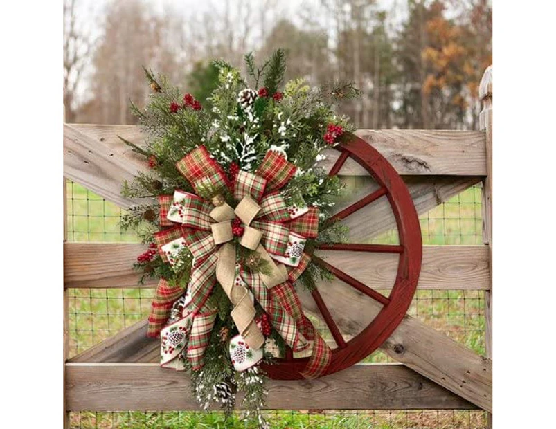 Red Wagon Wheel Wreath with Ribbons Pine Trees Berries | Vintage Farmhouse Wreath for Front Door | Christmas Decorations Wreath for Window Outdoor | Winter