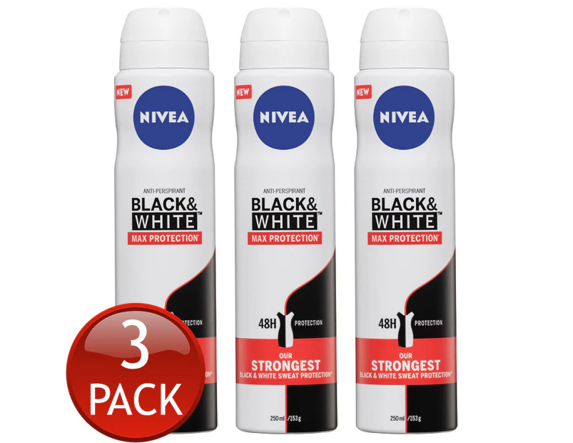 3 x Nivea Black & White Max Protection Anti-perspirant Aerosol Deodorant 250mL
