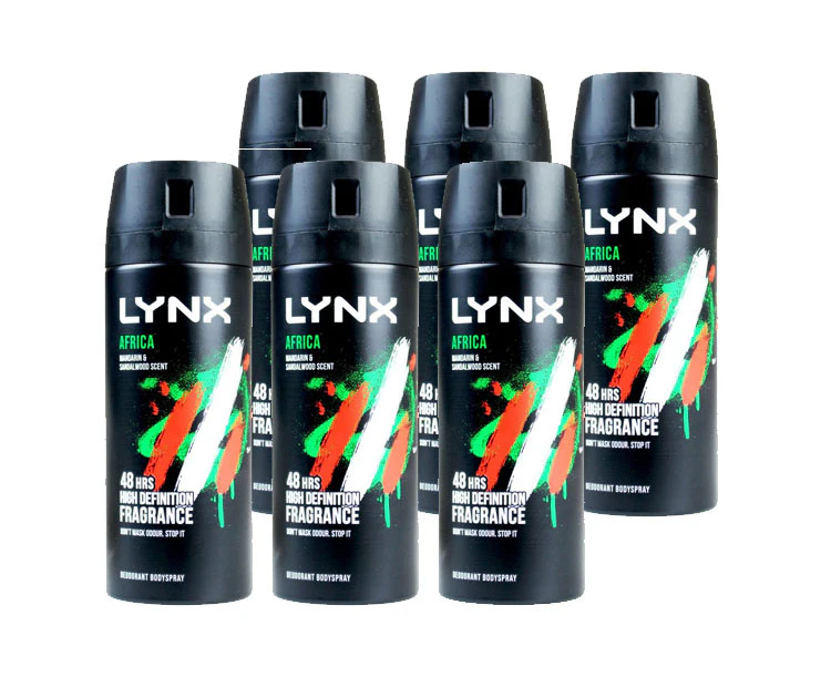 6 x Lynx 106g 48HR Africa Scent Spray Deoderant