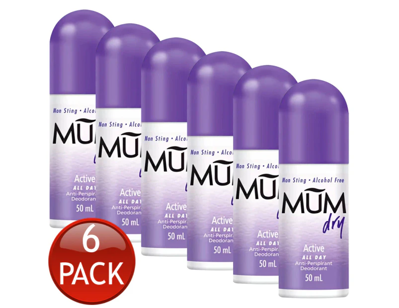 6 x Mum Dry Active All Day Anti Perspirant Deodorant Odour Protect Roll On 50m
