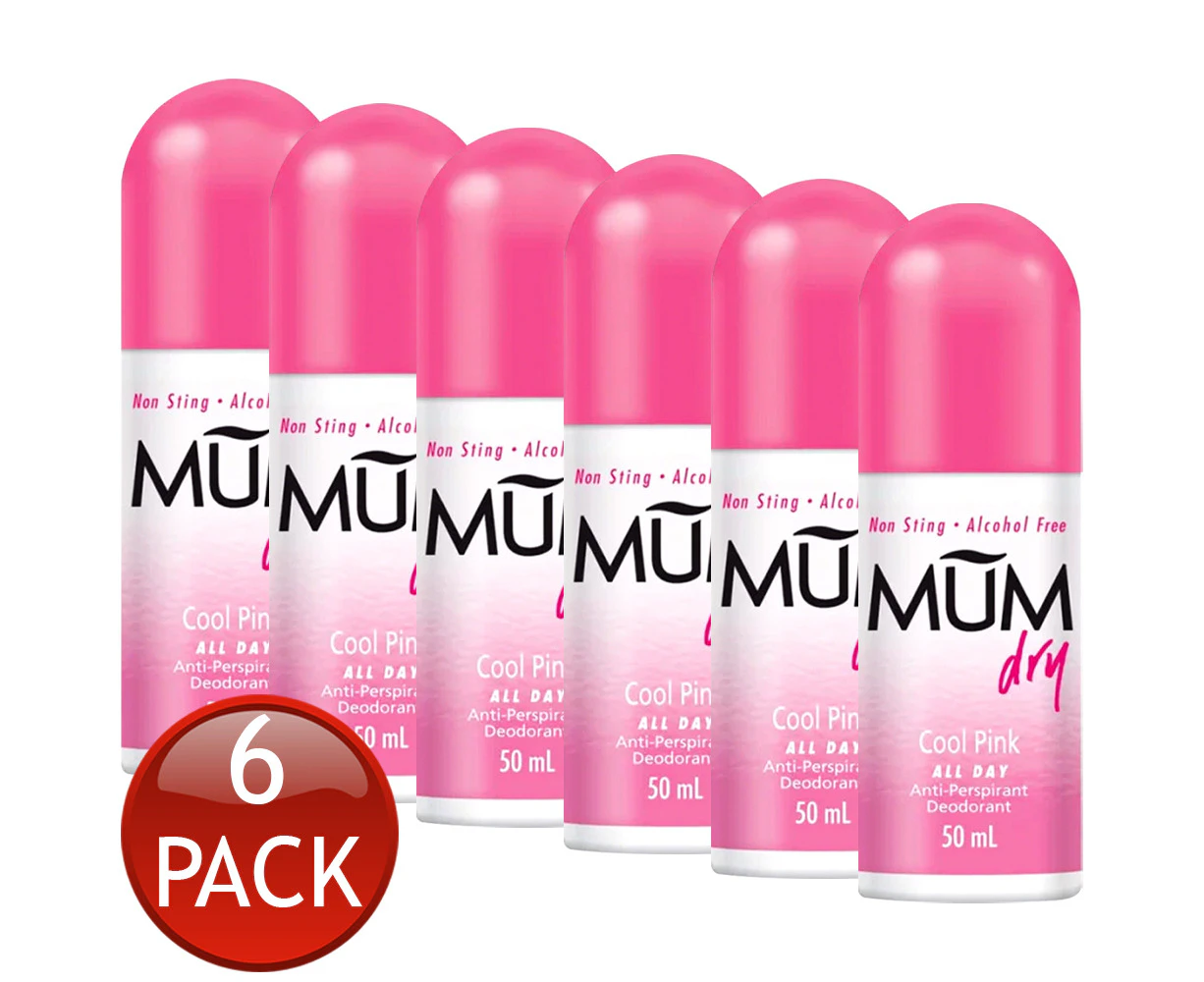 6x Mum 50ml All Day Anti Sweat Roll On Anti-Perspirant Deodorant Cool Pink