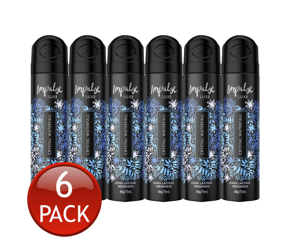 6 x Impulse Luxe Deodorant Crystal Waterfall 75mL Perfume Spray Odour Protects