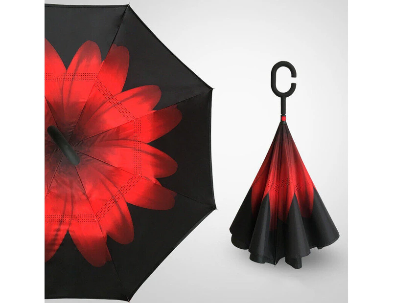 Windproof Upside Down Reverse Umbrella Double Layer Inside-Out Inverted C-Handle - Red Daisy