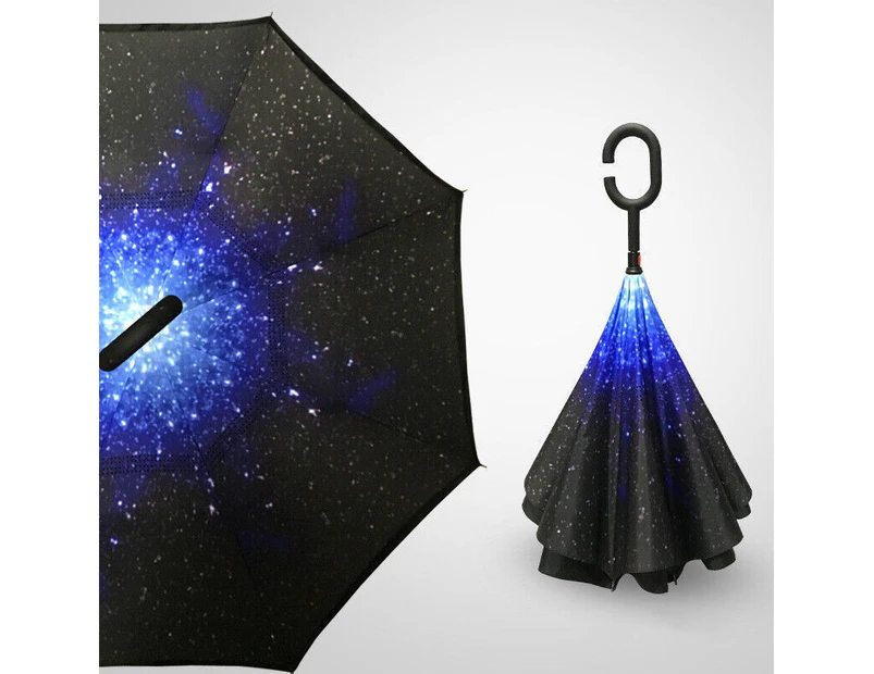 Windproof Upside Down Reverse Umbrella Double Layer Inside-Out Inverted C-Handle - Black Star Sky