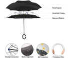 Windproof Upside Down Reverse Umbrella Double Layer Inside-Out Inverted C-Handle - Black Newsprint