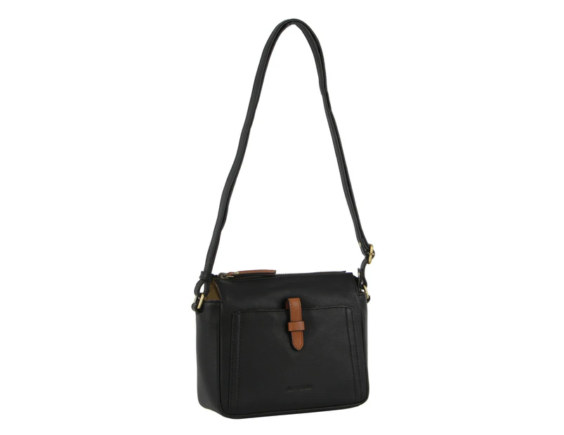 Pierre Cardin Leather Ladies Square Zip Closure Cross-Body Bag in Black
