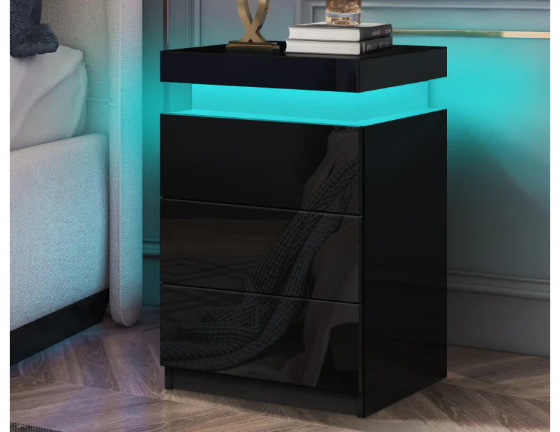 Bedside Table Led Nightstand 3 Drawers 4 Side High Gloss Black