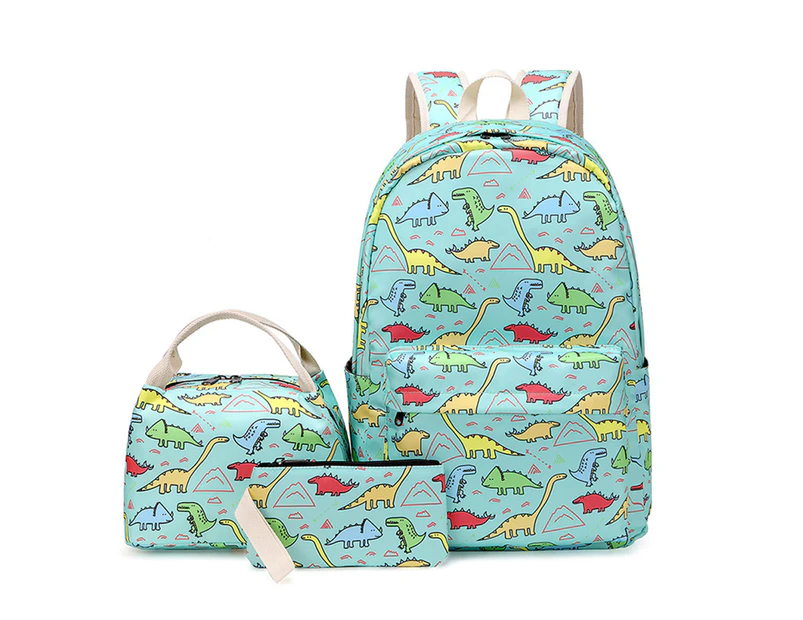 3Pcs/Set Kids Backpack Dinosaur Pattern Adjustable Straps Cartoon Bookbag Lunch Pen Bag for Primary School Students - Light Green