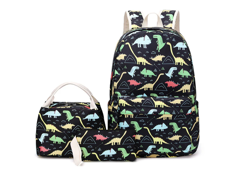 3Pcs/Set Kids Backpack Dinosaur Pattern Adjustable Straps Cartoon Bookbag Lunch Pen Bag for Primary School Students - Black