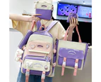 5Pcs/Set Student Backpack Adjustable Straps Bear Pendant Oxford Cloth Bookbag Handbag Pencil Case for High School Students - Purple