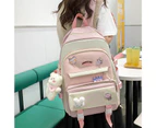 5Pcs/Set Student Backpack Adjustable Straps Bear Pendant Oxford Cloth Bookbag Handbag Pencil Case for High School Students - Pink