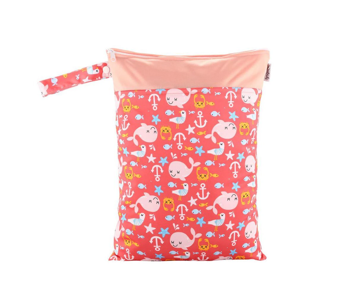 Waterproof Double Zip Wet Bag Pink Whales 30x40cm - Medium