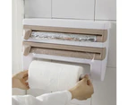 Cling Film Storage Rack Roll Paper Towel Holder Shelf Wrap Cutter Kitchen Tool - White