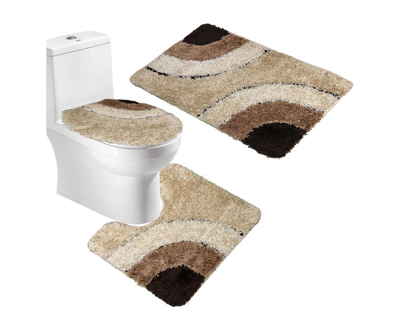 Microfiber Rug 3 Piece Bath Mat Set Pedestal Lid Toilet Cover Rug Bath Carpet - Brown