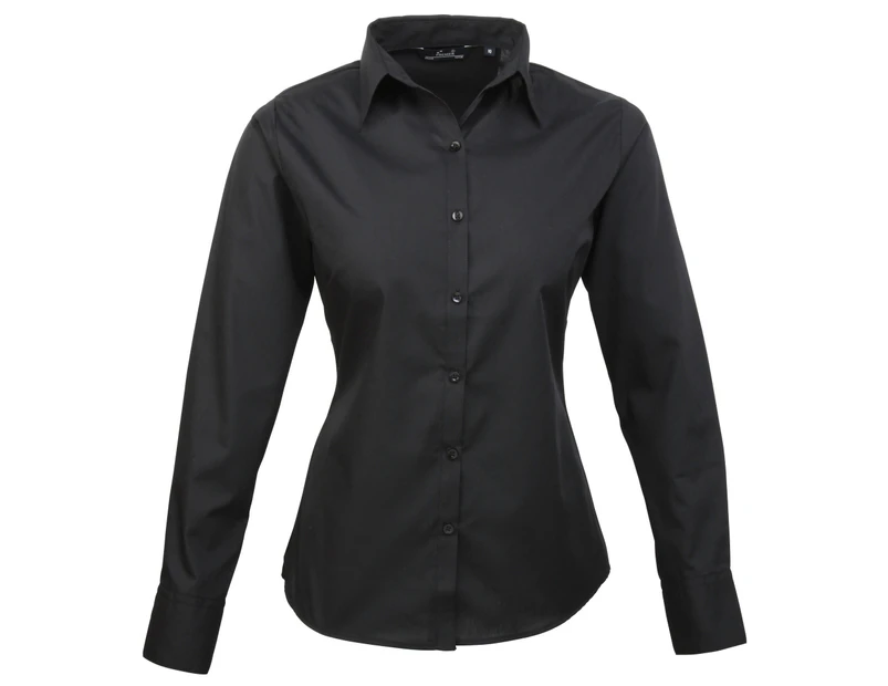 Premier Womens Poplin Long Sleeve Blouse / Plain Work Shirt (Black) - RW1090