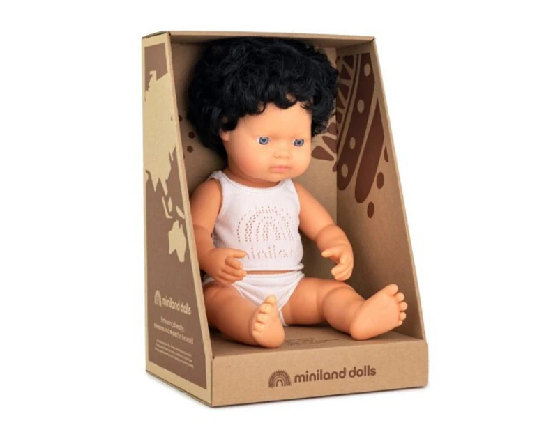 Miniland Educational Baby Doll Caucasian Boy Black Curly Hair 38cm