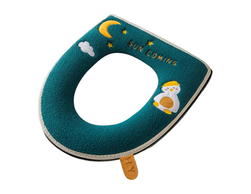 Toilet Seat Lid Cover Ultra Soft Keep Warm Cartoon Duck Moon Embroidery All Inclusive Zipper Plush Toilet Ring Mat with Handle for Home-Green
