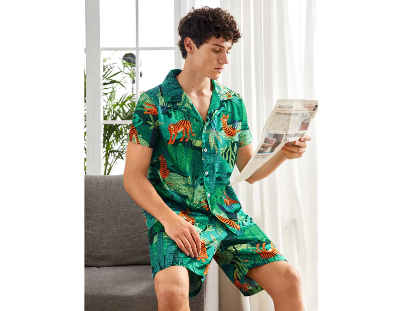 Bonivenshion Men's Silky Pajama Set Comfy Satin Pajamas Set for Men Short  Sleeve Button Down Sleepwear Loungewear Sets - Green