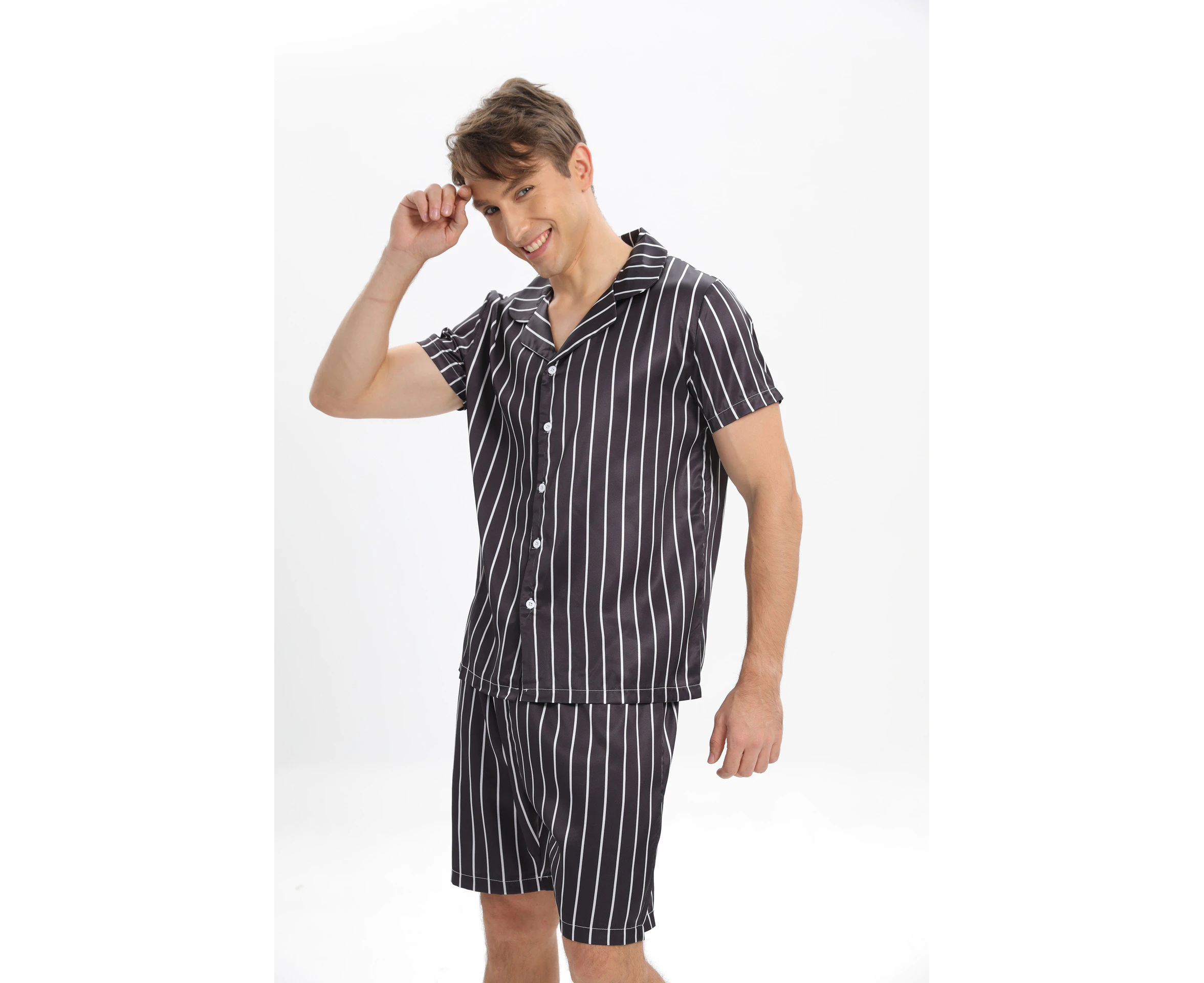 Mens Black Striped Silky Satin Pajama Set