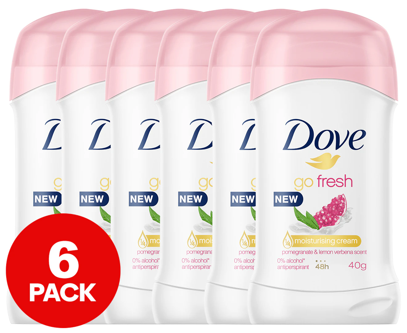 6 x Dove Go Fresh 48-Hour Antiperspirant Stick Deodorant Pomegranate & Lemon Verbena 40g