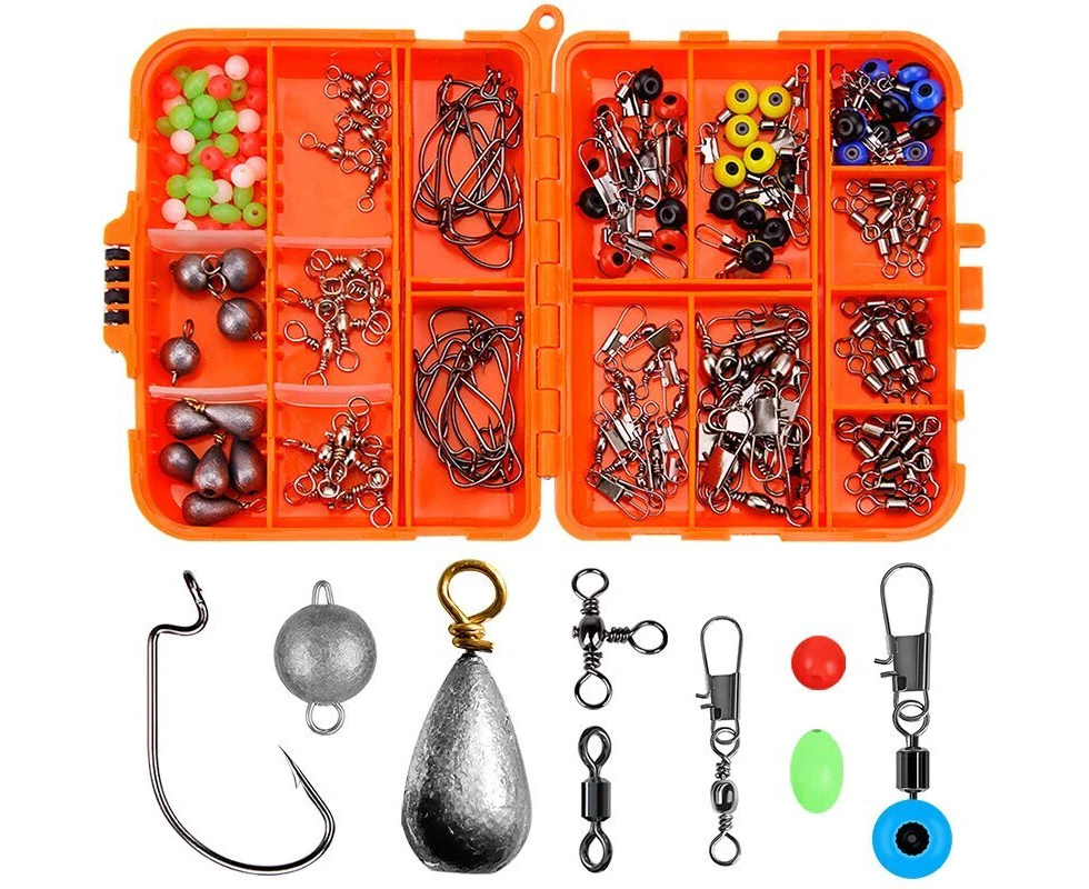 Rock Fishing Tackle Box Set Hooks, Sinkers, Swivels & Glow Beads 165 Pieces Carp