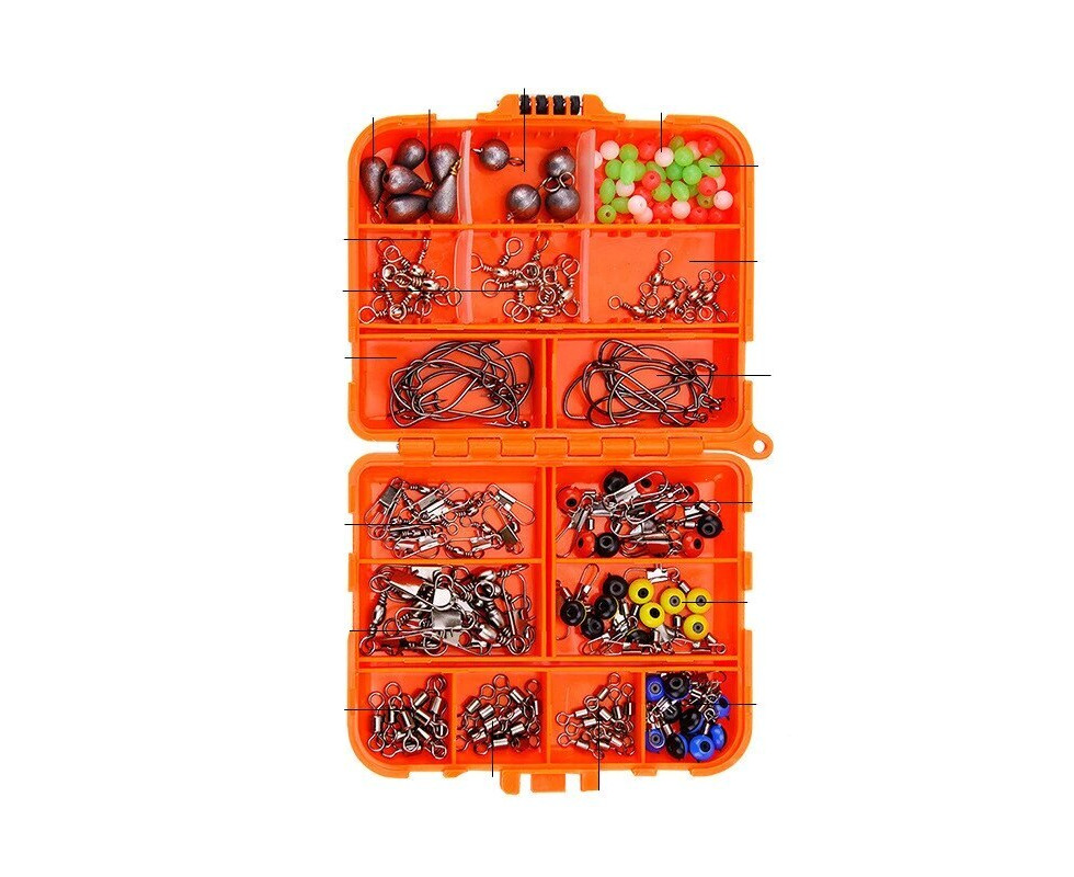 Rock Fishing Tackle Box Set Hooks, Sinkers, Swivels & Glow Beads 165 Pieces  Carp - Black