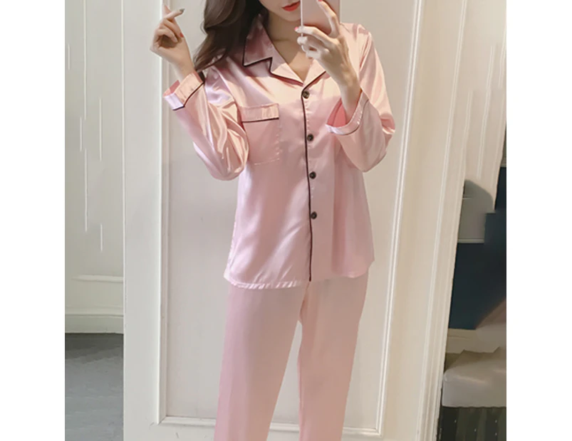 Women Satin Sleepwear Pyjamas Outfit Soft Silk Long Sleeve Nightwear Set - Pink