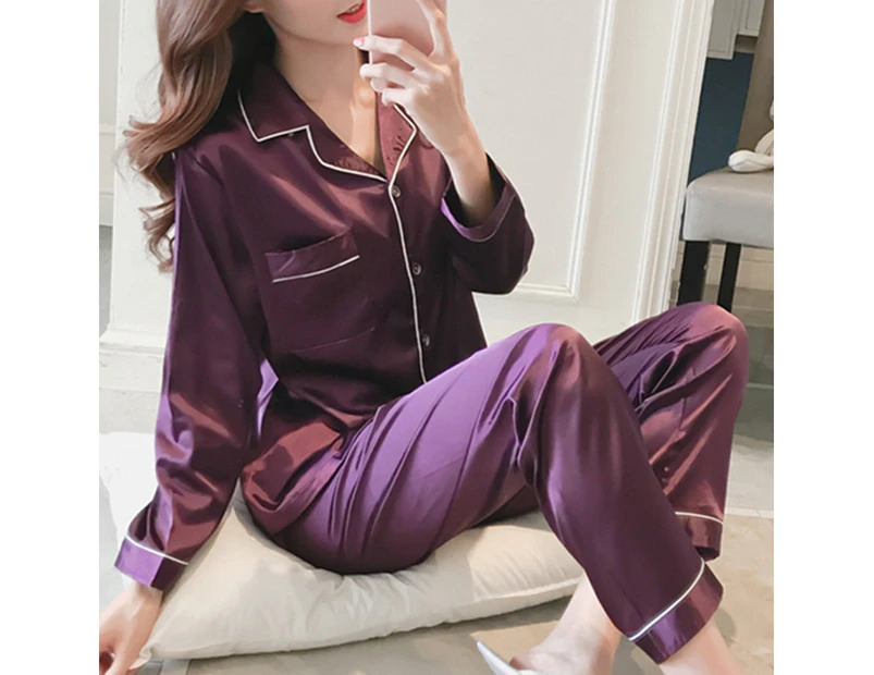 Women Satin Sleepwear Pyjamas Outfit Soft Silk Long Sleeve Nightwear Set - Purple