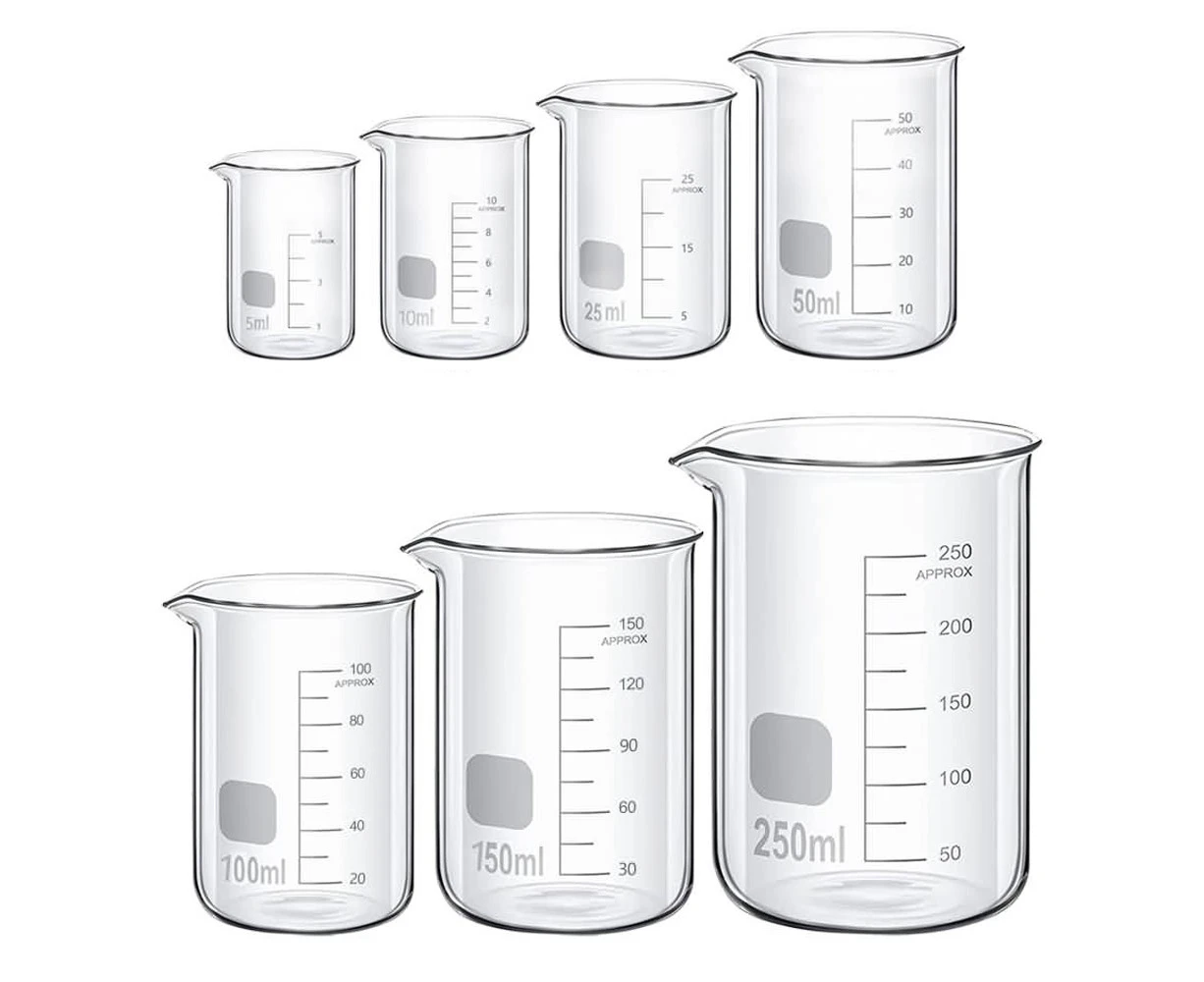 7Pcs Low Form Glass Measuring Beaker Set 5ml 10ml 25ml 50ml 100ml 150ml 250ml