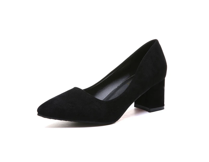 Women Faux Leather Low Mid Block Heel Work Office Pumps Pointed Court Shoes-Black