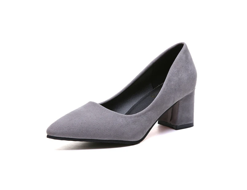 Women Faux Leather Low Mid Block Heel Work Office Pumps Pointed Court Shoes-Grey