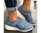 Women Casual Magic Tape Zipper Wedge Shoes Anti Skid Platform Sneakers Footwear-Khaki
