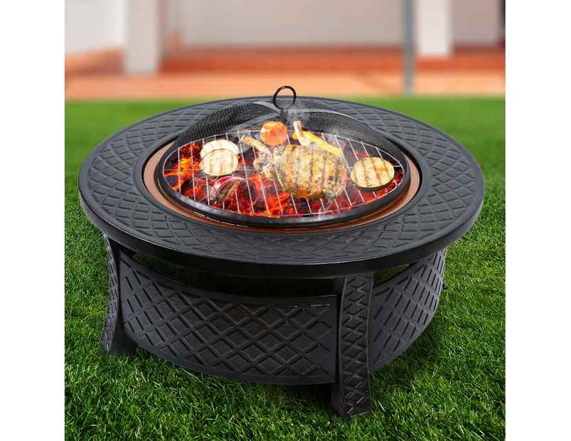 3 in 1 Garden Outdoor Fire Pit BBQ Brazier Round Stove Patio Heater Black - Black