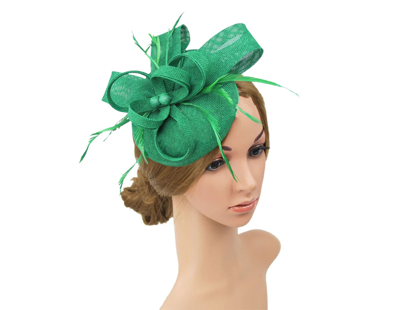Faux Feather Fascinator Hat Net Yarn Hat Shape Bow Mesh Mini Beret Hat Headdress - Green