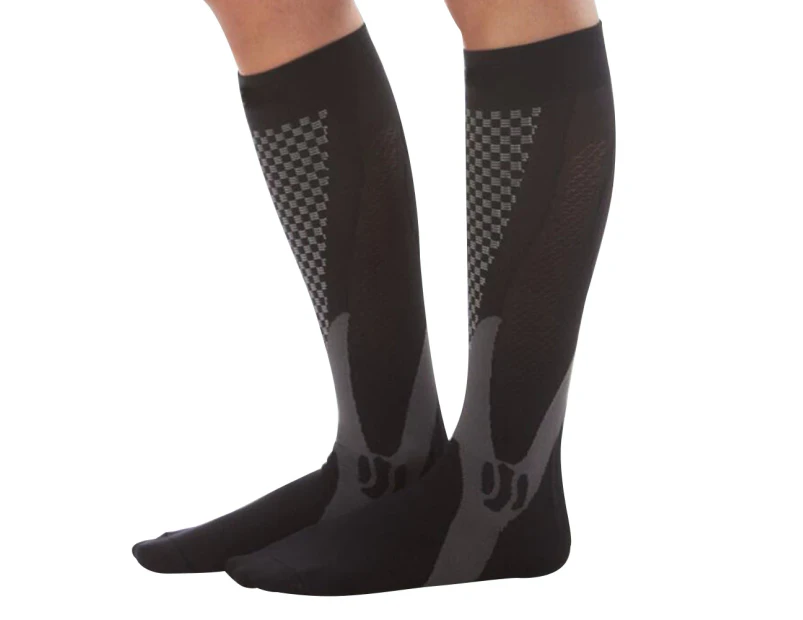 Running Athletic Men Women Color Block Stretch Compression Socks Long Stockings-Black