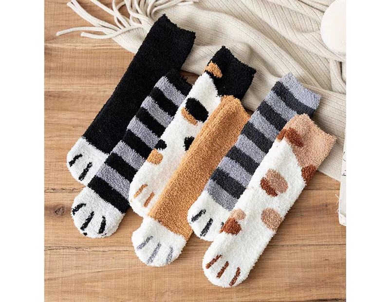 6 Pairs Winter Stocking Fuzzy Cat Paw Coral Fleece Cozy Extra Thick Mid-calf Length Long Socks for Sleeping